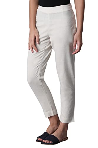 W for Woman White Solid Mid-Rise Cotton Flax Slim Pants (Size: XL)-WCR60151-211345