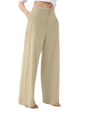 The Souled Store Cotton Linen Pants: Sienna Women and Girls Beige Embroidered Lightweight Casual Wide Leg Fit Cotton Linen Pants