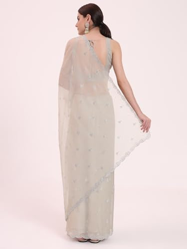 FIORRA Women's Light Grey Organza Crushed Siroski Work Embellished Border Saree With Unstitched Blouse