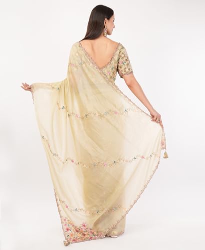 Gaon Originals Hand-Embroidered Silk Saree in Pastel Beige – 5.5m