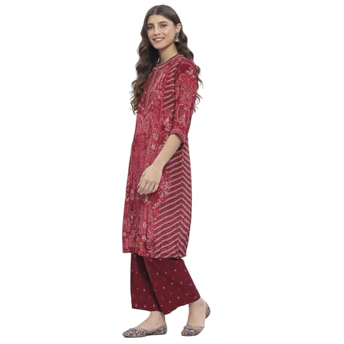 Biba Women Burgundy Crepe Straight Kurta Set_42