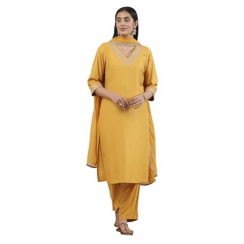 Biba Women Yellow Viscose Rayon Straight Suit Set_42
