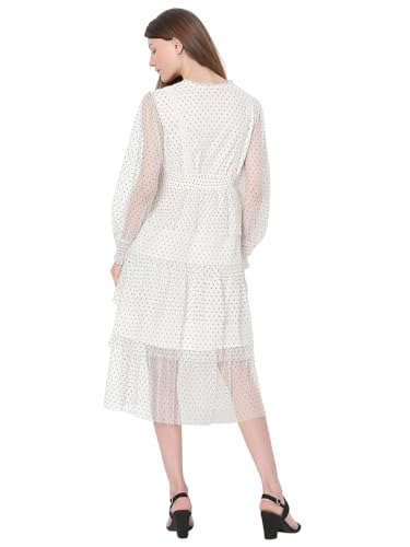 VERO MODA Women Polka Dots White Polyester Midi Length Fit and Flare Dress