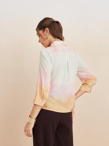 Latin Quarters Women's Pink Collar Neck 3/4Th Sleeves Tie-Dye Casual Top_L