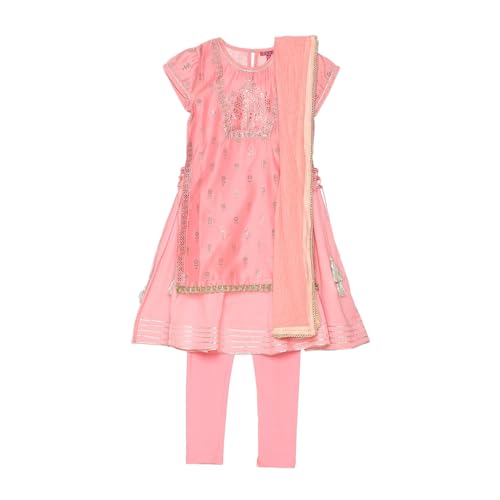 Biba Girl's Polyester Kurta, Churidar, Dupatta (KW4319AW24PNK_Pink