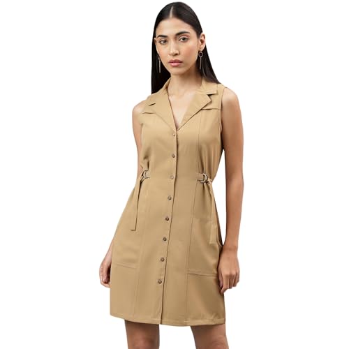 Latin Quarters Women Beige Sleeveless Collar Neck Women Shirt Dress_L