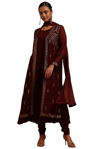 Soch Womens Maroon Georgette Solid Suit Set