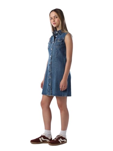 ONLY Women's Solid Fit and Flare Blue Dress
