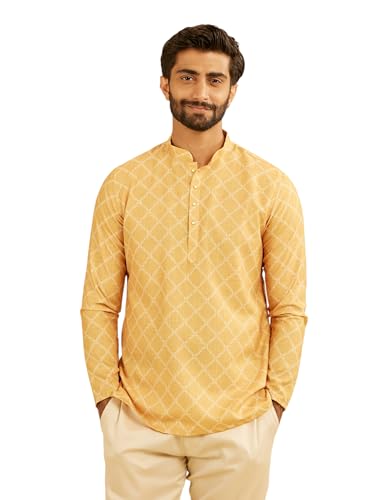 Manyavar Men's Cotton Blend Geometric Printed Short Kurta (Mustard,L)
