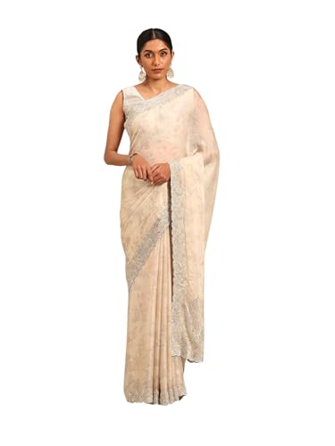 MOHEY Women's Cream Chinon Stone Work|Zari Saree (Cream)