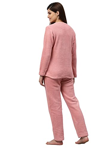 Sweet Dreams Women Applique Polar Fleece Round Neck Full Sleeve Winter Tracksuit (Night Suit)-Pink