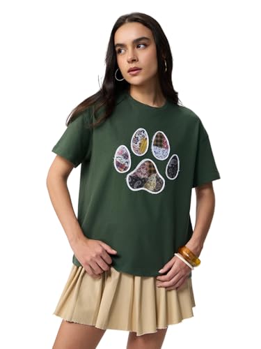 The Souled Store Pets On Prints: Women and Girls Short Sleeves Round Neck Dark Green Graphic Printed Cotton Lightweight Everyday Streetwear Oversized T-Shirt