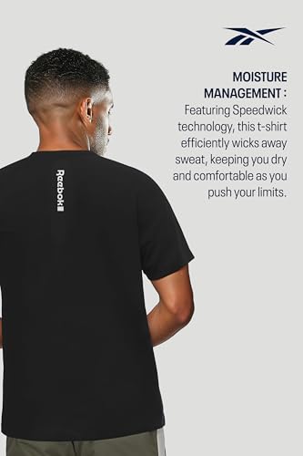 Reebok Men's Black T-Shirt |Training | Motion Athletic Poly Tee | Round Neck | Regular Fit | Half Sleeve | 100% Polyester with Speedwick tech