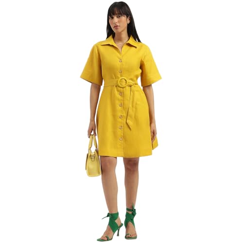 UNITED COLORS OF BENETTON Shirt Collar Solid A-Line Dress (Size: S)-25P4WVNDR150I901 Yellow