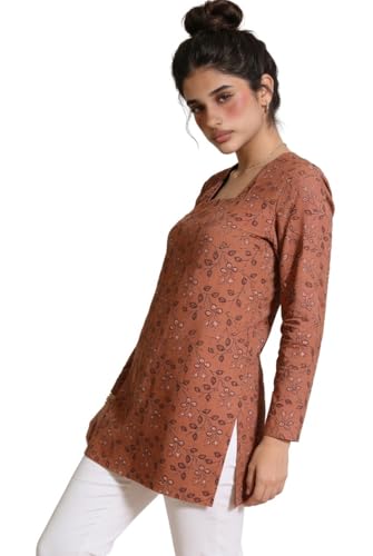 Women's Pure Cotton Corset Kurti | Floral Printed Straight Fit Kurta with Lace-Up Back Design | Ethnic Casual & Office Wear for Women | Brown | Size M