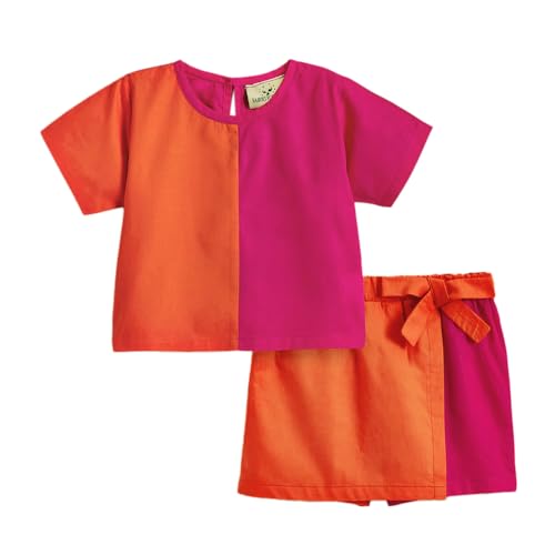 Hoscotch Girls Color-block Orange Short Sleeves Short Set For Ages (6-7 Years)