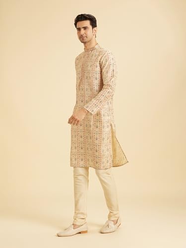 Manyavar Men's Art Silk Printed with Thread Work Kurta Set (Beige,S)