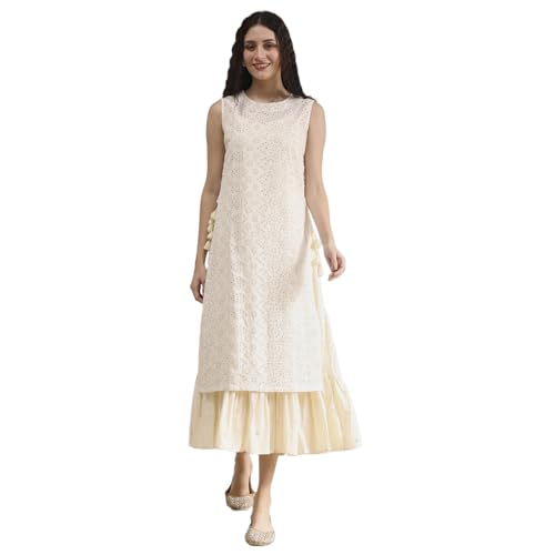 Biba Women's Cotton Embroidered Straight Kurta (SKDSCHIFFLI10573SS25OWH_Off White