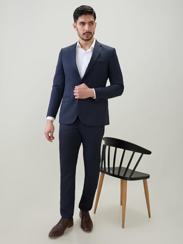 Raymond Men Contemporary Fit Solid Pattern Poly Viscose Blend Notch Lapel Full Sleeve Formal Suit Blue