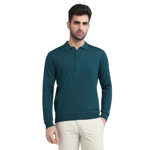 Raymond Men Contemporary Fit Solid Pattern Marino Wool Acryalic Blend Rib Collar Full Sleeve Casual Sweater