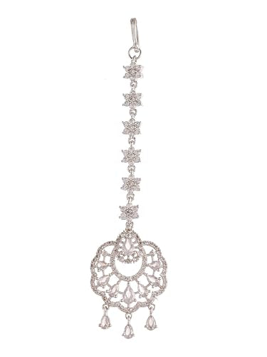 Silvermerc Designs Silver Plated White American Diamond Floral Maang Tikka for women/Girls