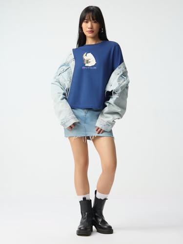 The Souled Store We Bare Bears: Story of My Life Women and Girls Short Sleeves Round Neck Blue Graphic Printed Cotton Relaxed Fit Lightweight Everyday Streetwear T-Shirt