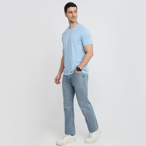 Raymond Men Regular Fit Solid Pattern Pure Cotton Crew Neck Half Sleeve Casual T-Shirt Medium Blue