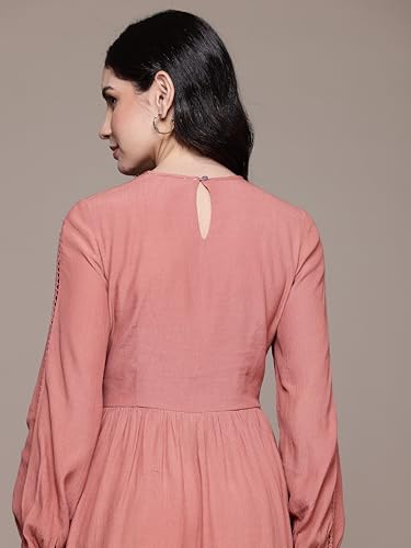 Label RITU KUMAR Round Neck Full Sleeves Solid Short Dress Rust