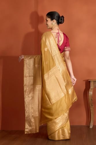 Taneira Women Brown Silk Viscose Kadwa Banaras Inspired Design Saree with Unstitched Blouse Piece (SAPH04AA0478-Brown)