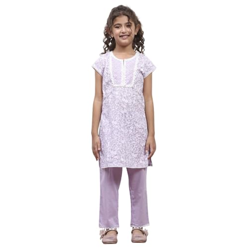 BIBA Girl's Lavender Cotton Straight Printed Kurta Pants Set