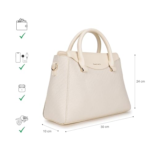 Fastrack Ivory Gridelle Satchel Handbag for Women | Premium Faux Leather Weave Design | White Structured Satchel with Zipper Closure | Dual Compartment with Organizer Pockets