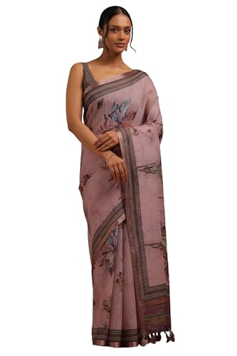 Soch Womens Purple Linen Floral Print Saree