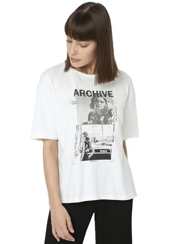 VERO MODA Women Graphic Print Cotton Drop Shoulder White T-Shirt
