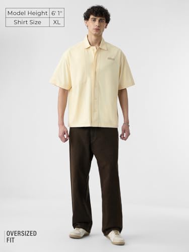 The Souled Store Panel Detail: Dune White Men and Boys Short Sleeves Collared Neck Button Front Off White Embroidered Cotton Oversized Shirts