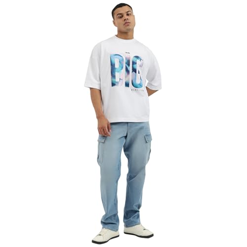 United Colors of Benetton Solid Comfort Fit Ice Wash Cargo Jeans (Size: 40)-25A4MBOO5024I901