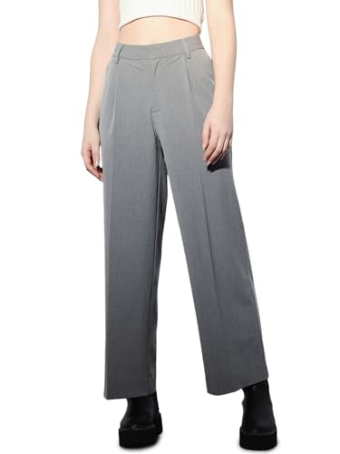 ONLY Women Solid Straight Fit Casual Grey Pants
