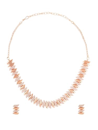 Ami Rose Gold Tone Dazzling Cubic Zirconia Bling Brass Necklace and Earring Set For Women-ZPFK21090