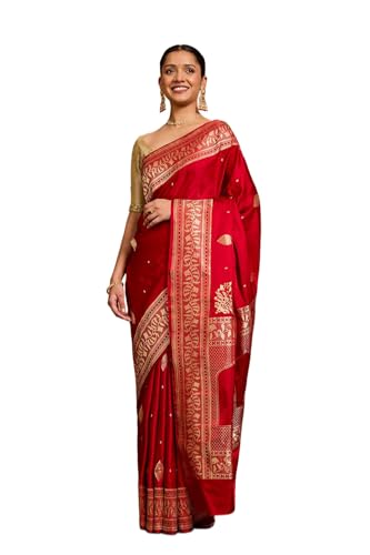 Taneira Women Red Pure Silk Kadwa Banaras Saree With Unstitched Blouse Piece (SAIH04AC5735-Red)