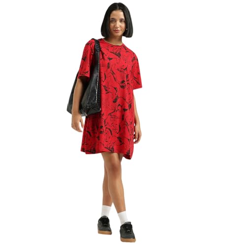 United Colors of Benetton Round Neck Animal Print Dress - (Size:S) - 26P3SOCPT735I902 Red