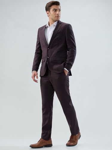 Park Avenue Men Slim Fit Checks Pattern Poly Wool Blend Notch Lapel Full Sleeve Formal Suit Maroon