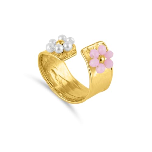 PALMONAS Pearl & Pink Floral Ring Gifts For Girlfriend (Size-Adjustable) | Gift For Women & Girls