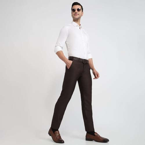 Raymond Men Slim Fit Structure Pattern Poly Viscose Blend Flat Front Formal Trouser Dark Brown