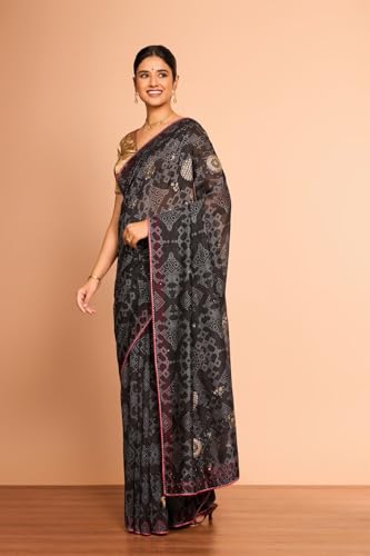 Taneira Women Black Printed Embroidered Pure Silk Cotton Saree with Unstitched Blouse Piece (SAIP03AC2558-Black)