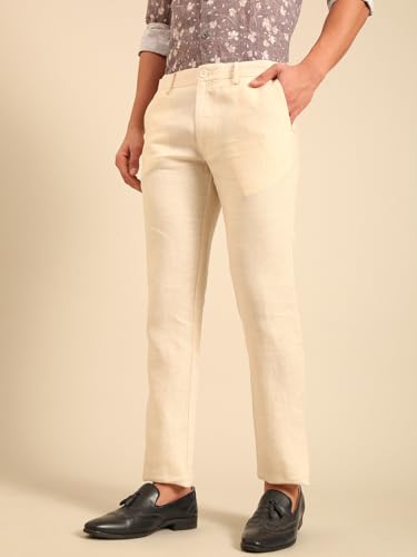 Linen Club Men's Regular Fit Solid Linen Casual Trouser | Linen Trouser for Men Beige