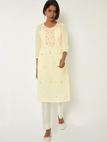 Max Women Embroidered Straight Kurta(Yellow_XXL)