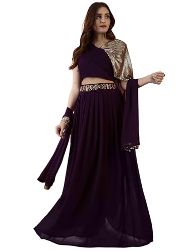 LYMI LABEL Wine Colored Georgette Readymade Lehenga Choli With Dupatta For Wedding, Fusion Wear, Ethnic Wear