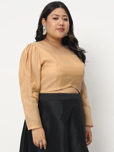 studio rasa Women's Plus Size Cotton Tissue Sheer Sleeves Readymade Saree Blouse for Wedding Festive Party (TPWPC223PS17-3XL_BL_Gold_3XL)