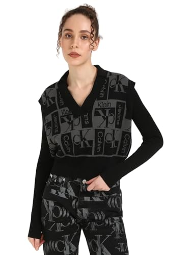 Calvin Klein Jeans Women's Wool V-Neck Pullover Sweater (J222312BEH_Ck Black
