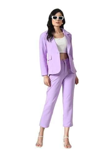 OFFICE PURPLE Women's Cotton Blend Solid Blazer & Pant Set with Camisole | Formal 3-Piece Set (Lavender, XL)