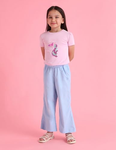 U.S. Polo Assn. Kids USPA Girlswear Girl's Blue Solid Mid Rise Cotton Pull On Regular Flat Front Slit Pocket Trousers (UGTRO0015_Blue_11-12 Years)